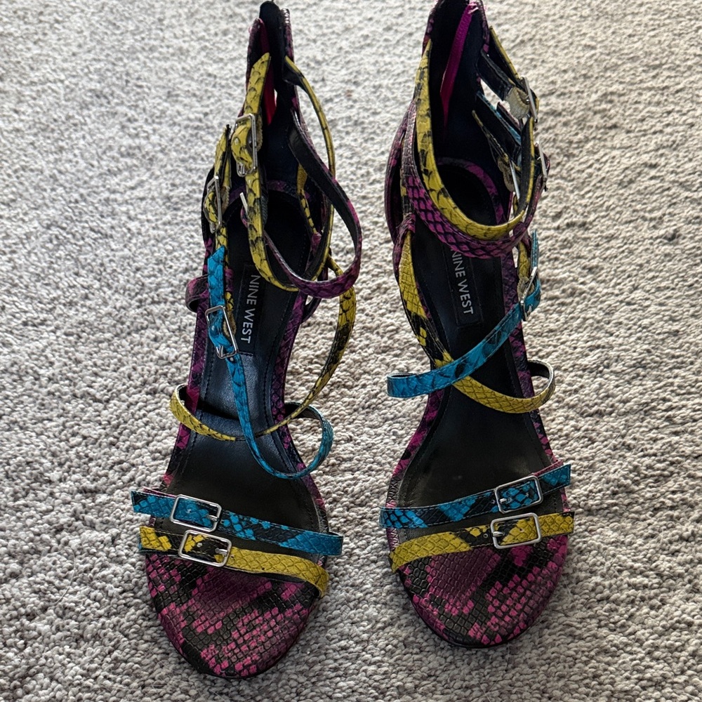 Nine West Colorful Snakeskin Strappy Heels